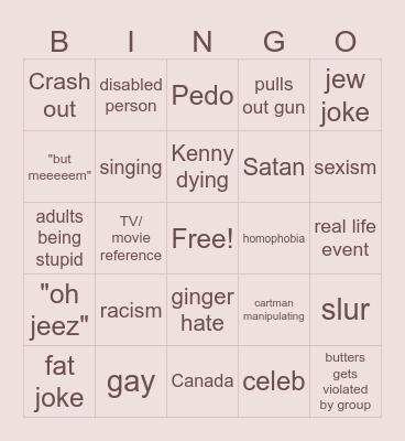 South Park Bingo Card