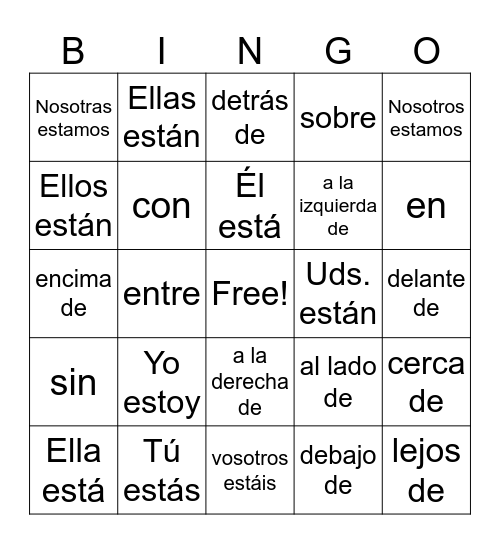 The verb ESTAR and prepositions Bingo Card