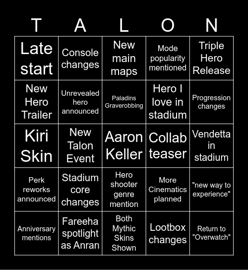 Overwatch Spotlight Bingo Card