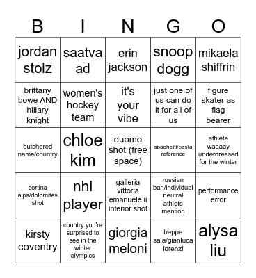 olympics opening ceremony Bingo Card