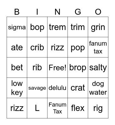 Gen Alpha Bingo Card