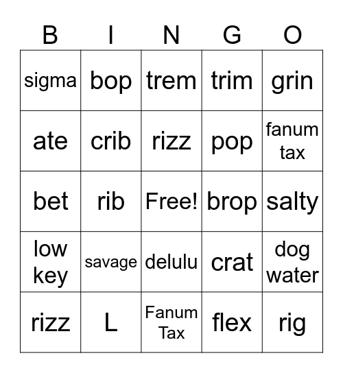 Gen Alpha Bingo Card