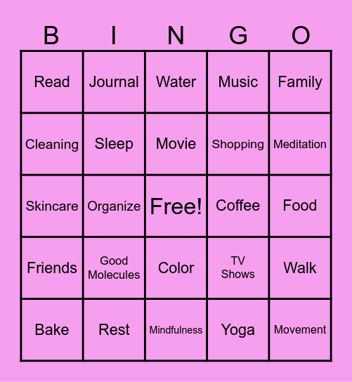 Self Care BINGO Card