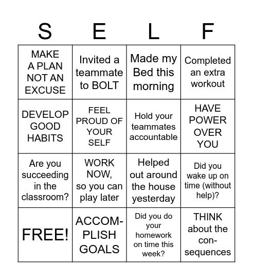 Self Discipline Bingo Card