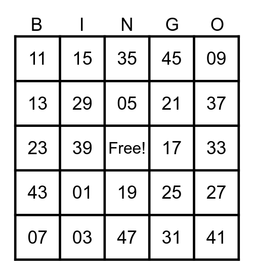 February BINGO Odds Bingo Card