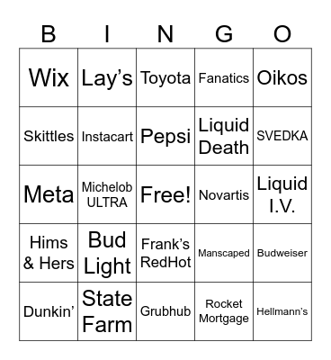 SUPER BOWL COMMERCIAL BINGO Card