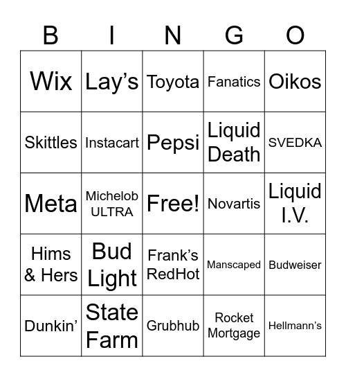 SUPER BOWL COMMERCIAL BINGO Card