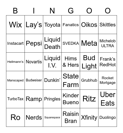 Super Bowl Bingo Card