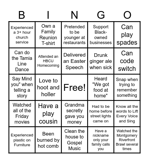 Black Culture Bingo Card