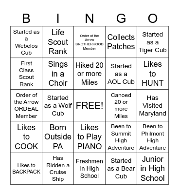 SCOUTING AMERICA JAMBO BINGO Card