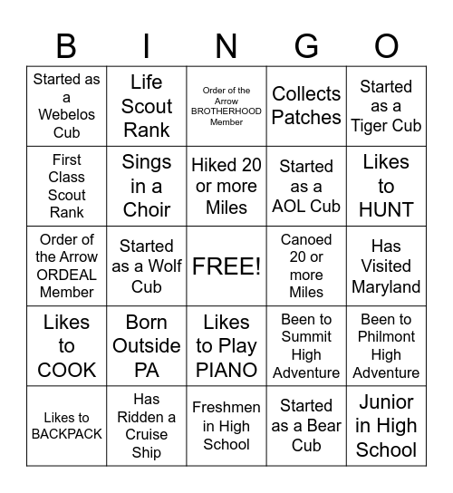 SCOUTING AMERICA JAMBO BINGO Card