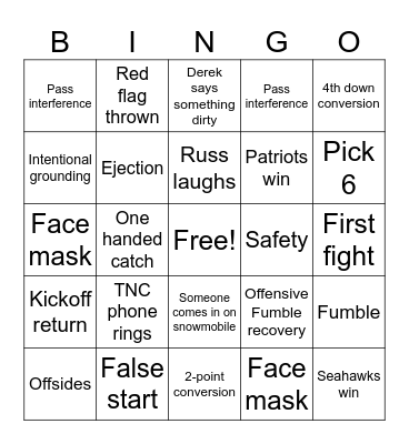 Super Bowl Bingo Card