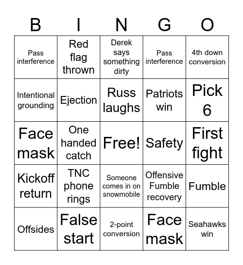 Super Bowl Bingo Card