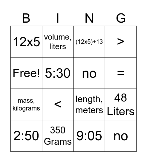 Math Bingo! Bingo Card