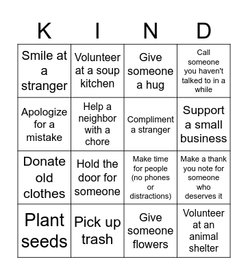 Kindness Bingo Card
