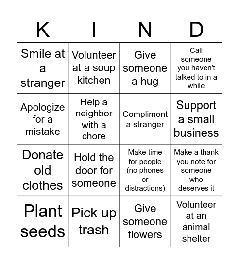 Kindness Bingo Card