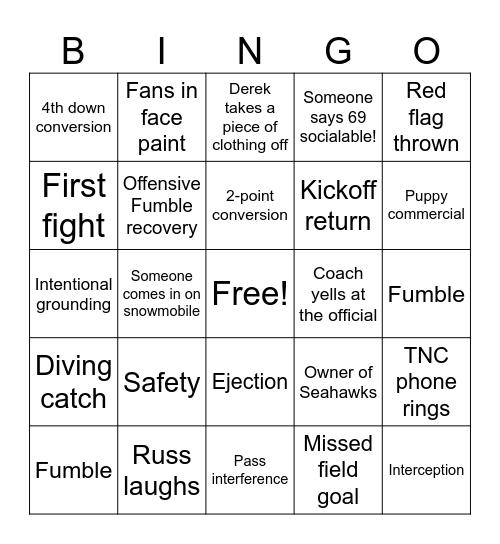 Super Bowl Bingo Card