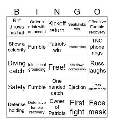 Super Bowl Bingo Card