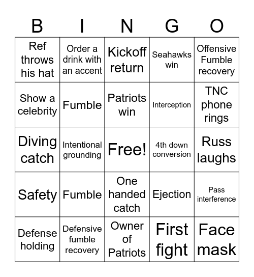 Super Bowl Bingo Card
