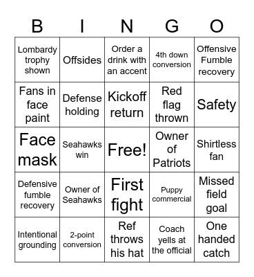 Super Bowl Bingo Card