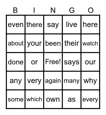Phonics First - Layer Two - Red Words Bingo Card