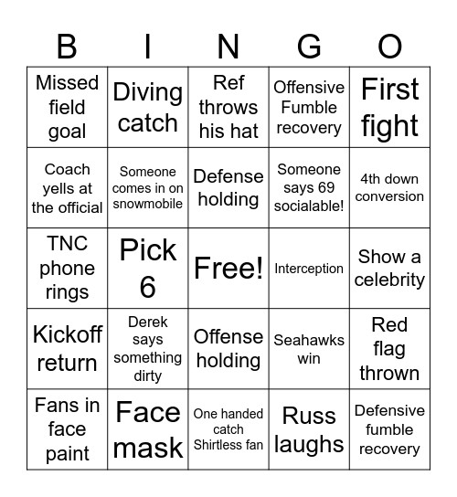 Super Bowl Bingo Card