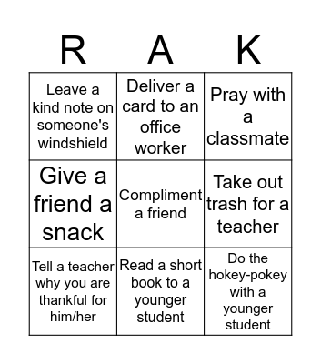 Random Acts of Kindness Bingo Card