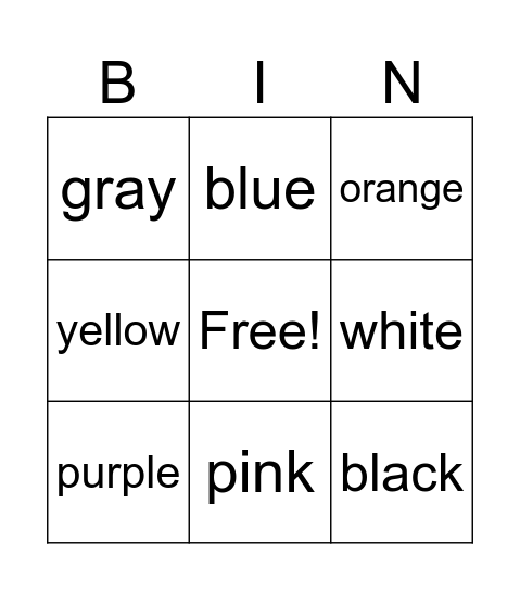 Colors Bingo Card