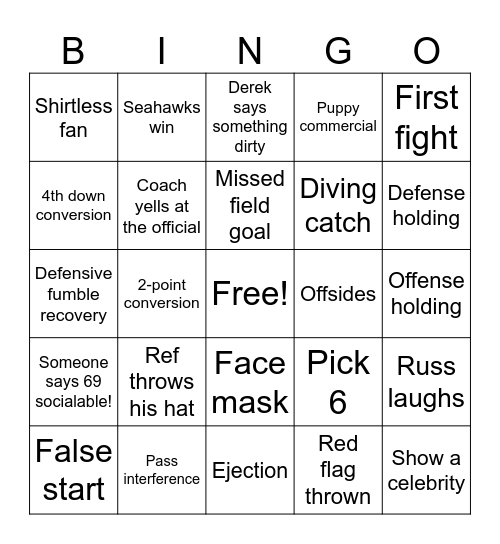Super Bowl Bingo Card