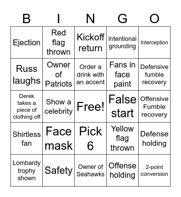 Super Bowl Bingo Card