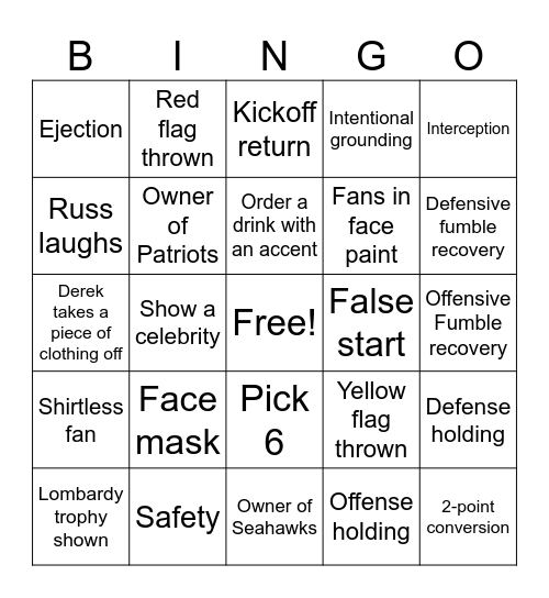 Super Bowl Bingo Card