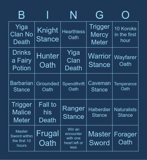 KindledKnights Permadeath BOTW Bingo Card