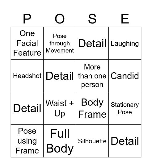 Portrait Photography Bingo Card