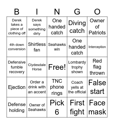 Super Bowl Bingo Card