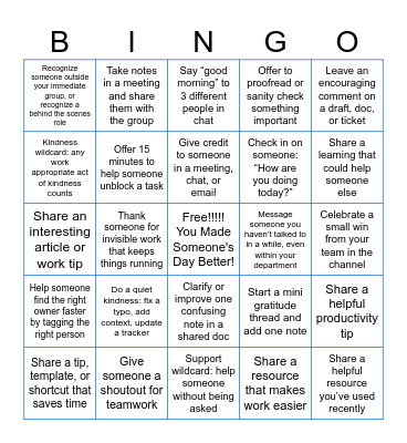 Acts of Kindness Bingo Card
