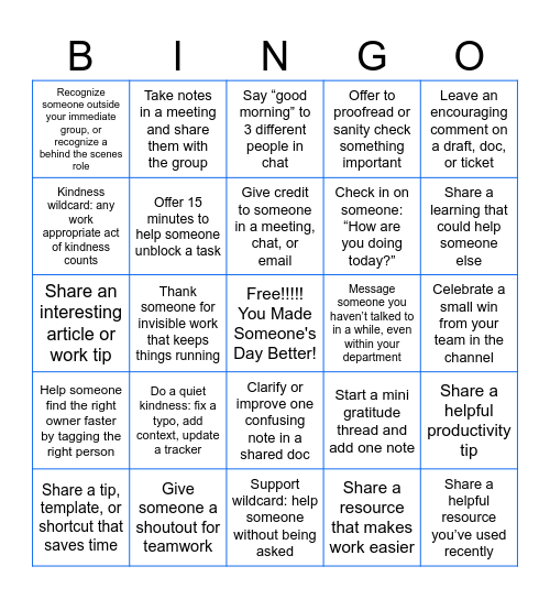 Acts of Kindness Bingo Card