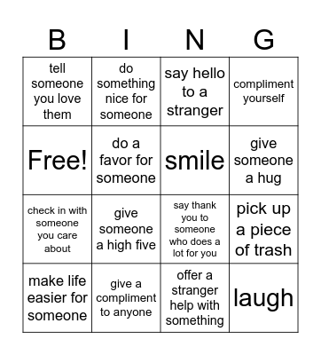 Kindness Bingo Board Bingo Card
