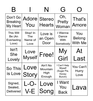Love Song Bingo Card