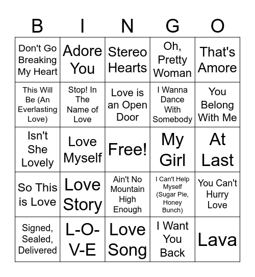 Love Song Bingo Card