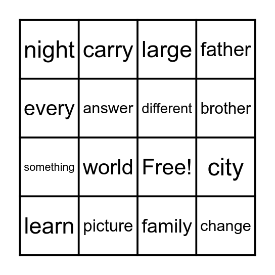 Trick Word Bingo Card