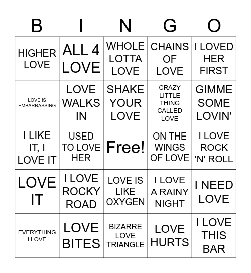 LOVE SONGS Bingo Card
