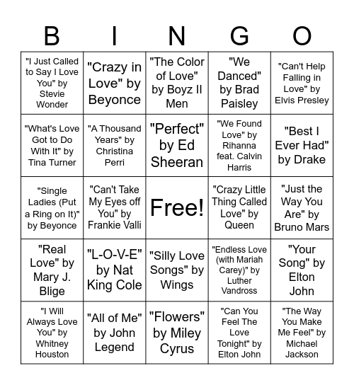 Valentine's Day Music Bingo Card