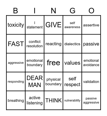 DBT Interpersonal Effectiveness Bingo Card