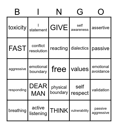 DBT Interpersonal Effectiveness Bingo Card