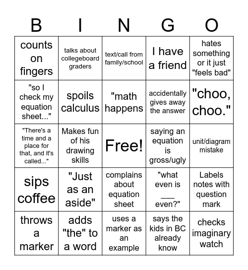 Mr. Hanson Bingo Card