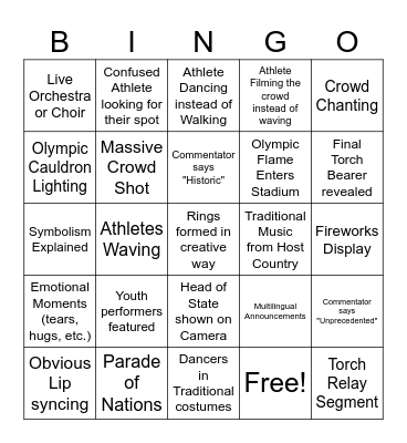 Opening Ceremony Bingo Card