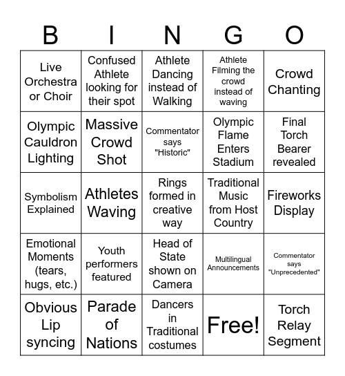 Opening Ceremony Bingo Card
