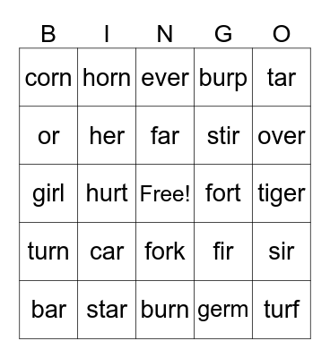 r controlled vowels Bingo Card