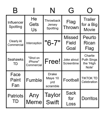 Big Game Bingo Card