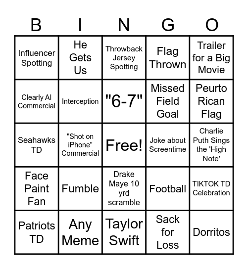 Big Game Bingo Card